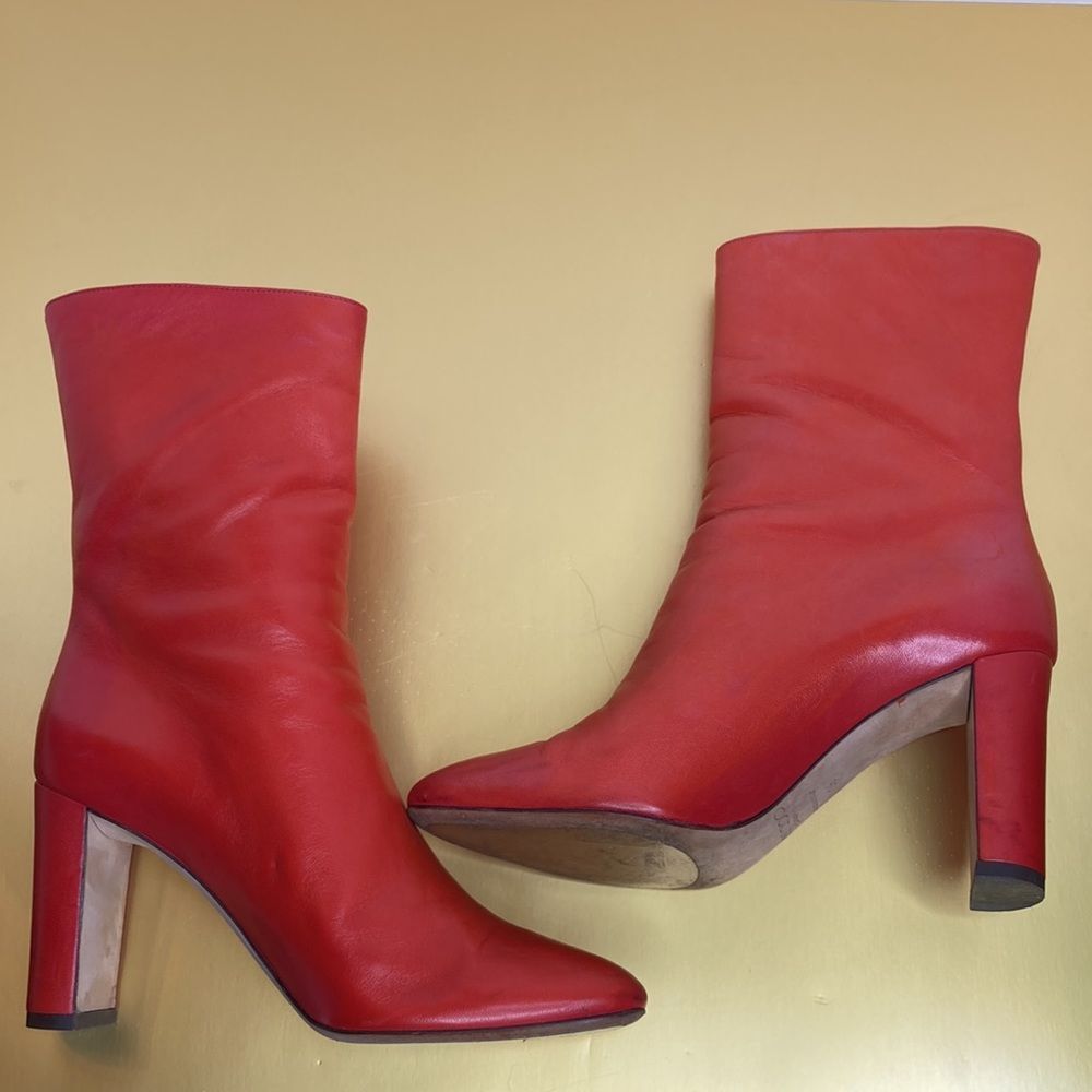 Jimmy Choo Boots Dayno Leather Mid Calf Vibrant Red Gold Button Closure Boots - Picture 9 of 16